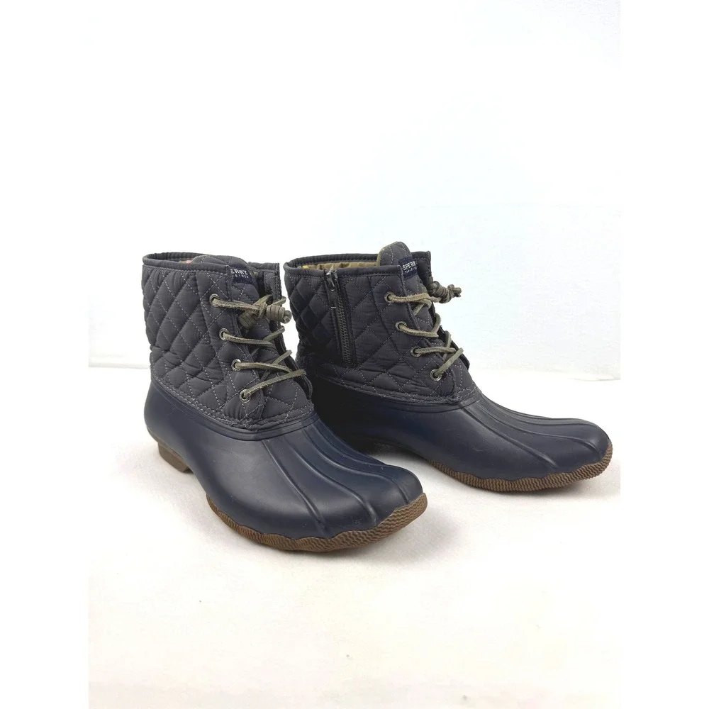 Sperry Saltwater Quilted Duck Boots Navy Blue Ankle Rain Boots Womens Size 8.5